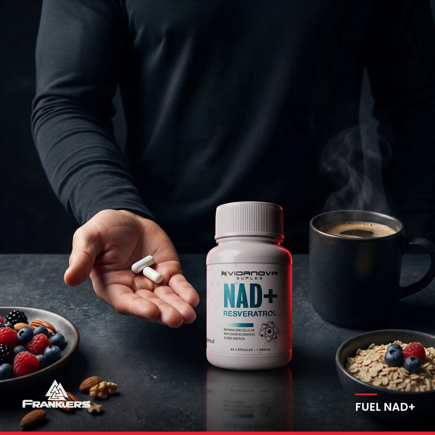 2 cápsulas de FUEL NAD+ con el desayuno